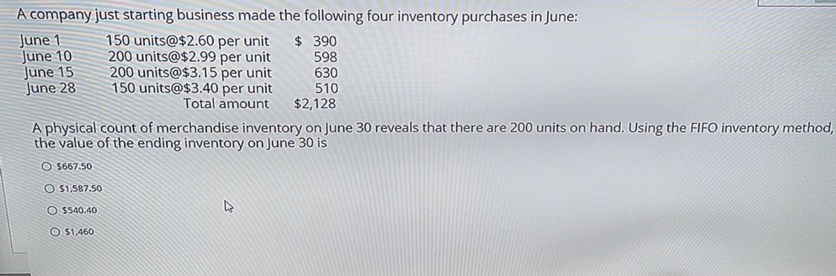 A company just starting business made the following four inventory purchases in June:
June 1
June 10
June 15
June 28
150 units@$260 per unit
200 units@$2.99 per unit
200 units@$3.15 per unit
150 units@$3.40 per unit
Total amount
$390
598
630
510
$2,128
A physical count of merchandise inventory on June 30 reveals that there are 200 units on hand. Using the FIFO inventory method,
the value of the ending inventory on June 30 is
O $667.50
O $1,587.50
O $540.40
O $1,460
