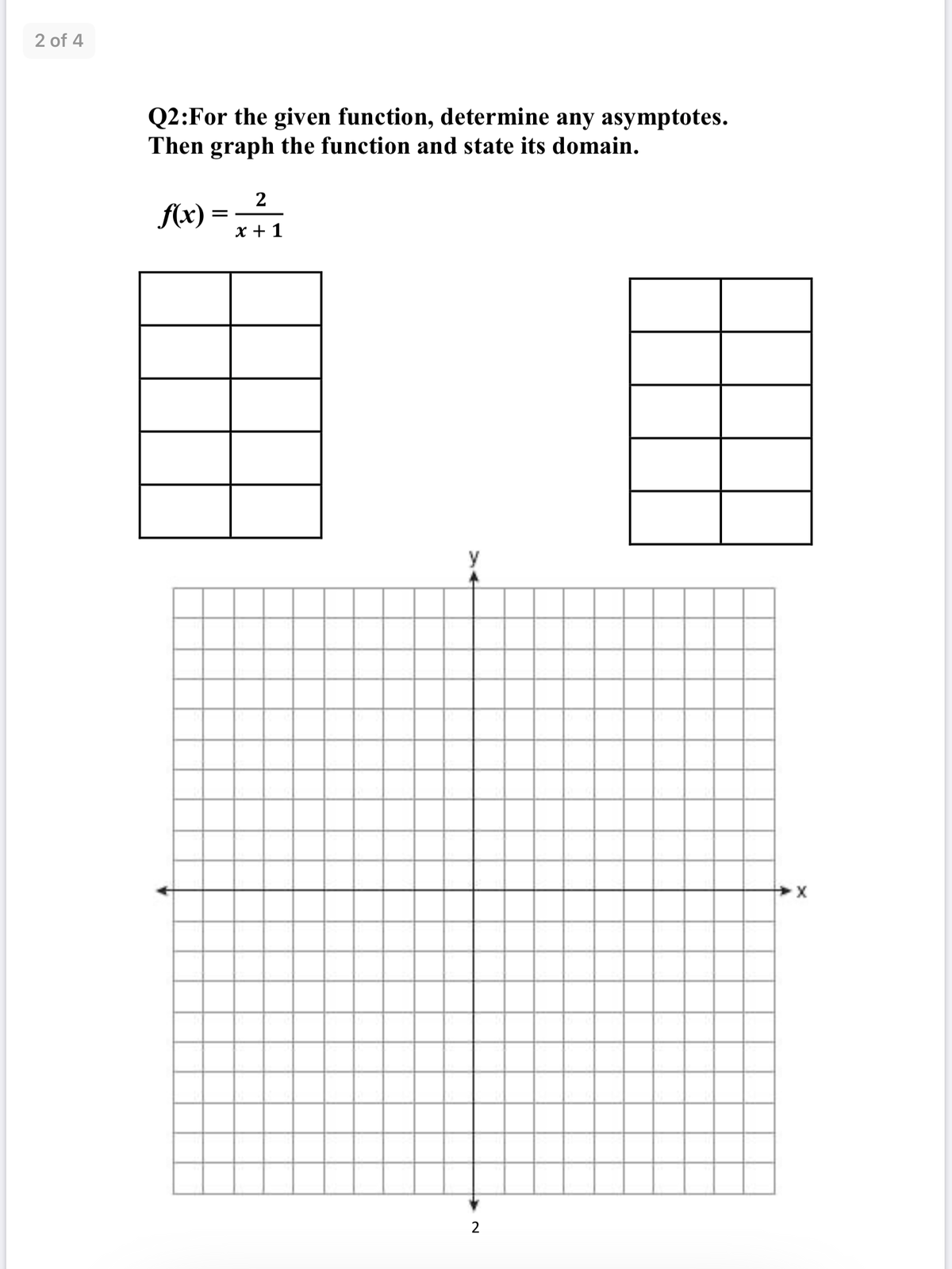 2 of 4
Q2:For the given function, determine any asymptotes.
Then graph the function and state its domain.
2
Ax) =
x + 1
y
2
