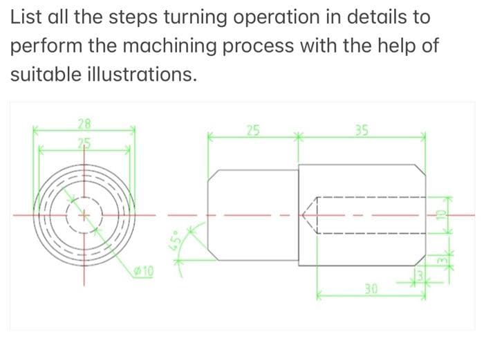 List all the steps turning operation in details to
perform the machining process with the help of
suitable illustrations.
28
25
25
35
10
30
