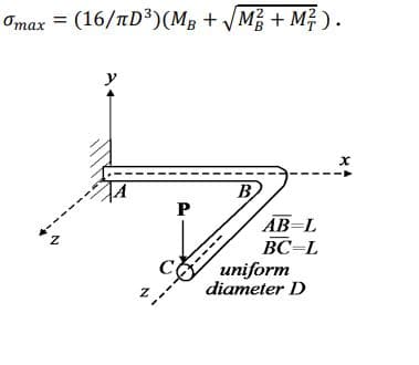 Omax = (16/nD³)(MB + /M + M7 ).
B
AB=L
ВС -L
uniform
diameter D
