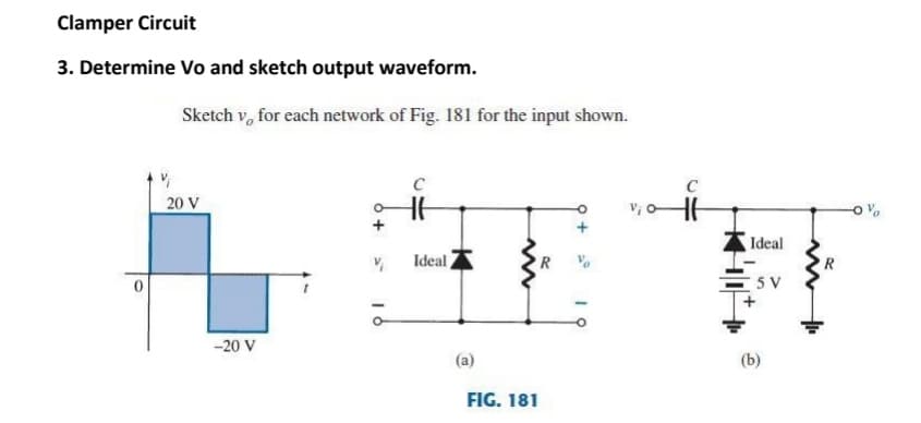 Clamper Circuit
3. Determine Vo and sketch output waveform.
Sketch v, for each network of Fig. 181 for the input shown.
C
20 V
Ideal
Ideal
5 V
-20 V
(a)
(b)
FIG. 181
