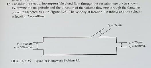 3.5 Consider the steady, incompressible blood flow through the vascular network as shown.
Determine the magnitude and the direction of the volume flow rate through the daughter
branch 2 (denoted as d3 in Figure 3.25). The velocity at location 1 is inflow and the velocity
at location 2 is outflow.
d, 100 μm
=
V₁ = 100 mm/s
FIGURE 3.25 Figure for Homework Problem 3.5.
d₂ = 35 μm
d₂=75 μm
V₂80 mm/s
