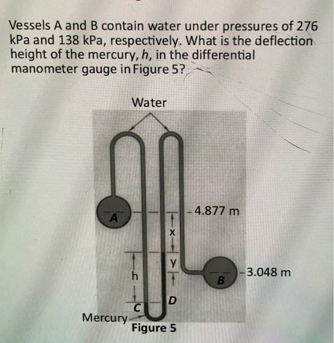 Vessels A and B contain water under pressures of 276
kPa and 138 kPa, respectively. What is the deflection
height of the mercury, h, in the differential
manometer gauge in Figure 5?
A
Water
h
Mercury.
X
Y
D
C
Figure 5
4.877 m
B
-3.048 m