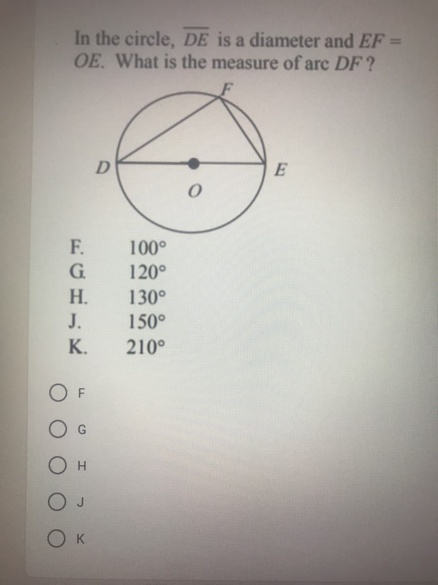 In the circle, DE is a diameter and EF =
OE. What is the measure of arc DF?
F.
100°
G.
120°
Н.
130°
J.
150°
K.
210°
H.
