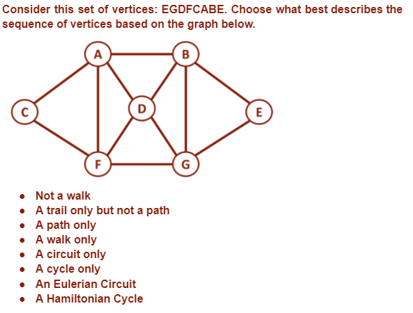 Consider this set of vertices: EGDFCABE. Choose what best describes the
sequence of vertices based on the graph below.
A
B
C
D
E
F
Not a walk
A trail only but not a path
• A path only
• A walk only
• A circuit only
• A cycle only
An Eulerian Circuit
• A Hamiltonian Cycle
G
