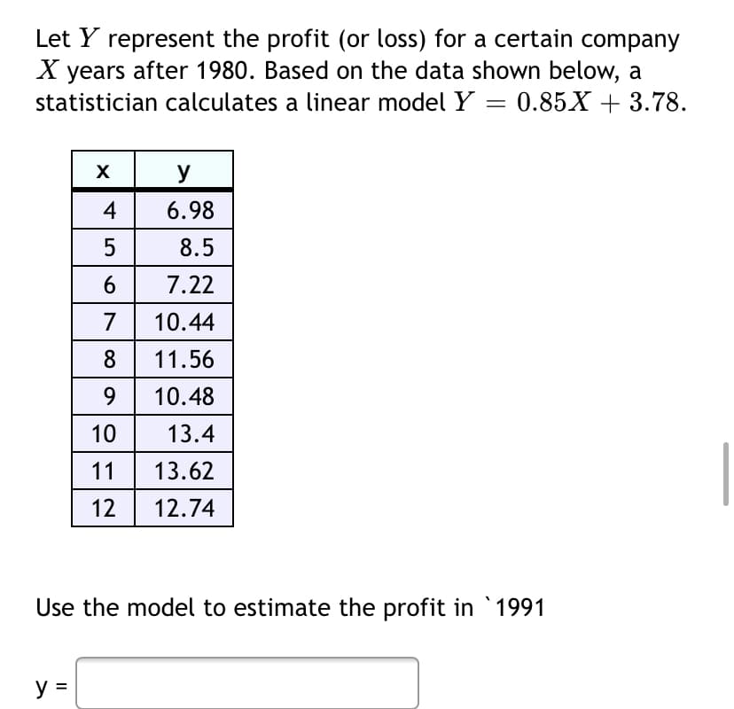 Let Y represent the profit (or loss) for a certain company
X years after 1980. Based on the data shown below, a
statistician calculates a linear model Y = 0.85X + 3.78.
y
4
6.98
8.5
6.
7.22
7
10.44
8 11.56
9
10.48
10
13.4
11
13.62
12
12.74
Use the model to estimate the profit in `1991
y =
