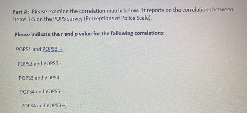 Part A: Please examine the correlation matrix below. It reports on the correlations between
items 1-5 on the POPS survey (Perceptions of Police Scale).
Please indicate the r and p value for the following correlations:
POPS1 and POPS3
POPS2 and POPS5 -
POPS3 and POPS4 -
POPS4 and POPS5 -
POPS4 and POPS3-

