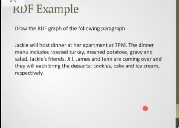 KDF Example
Draw the RDF graph of the following paragraph
Jackie will host dinner at her apartment at 7PM. The dinner
menu includes roasted turkey, mashed potatoes, gravy and
salad. Jackie's friends, Jill, James and Jenn are coming over and
they will each bring the desserts: cookies, cake and ice cream,
respectively.