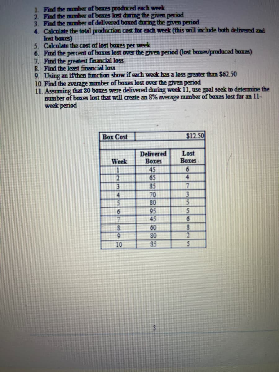 1. Find the number of boxes produced each week
2. Find the number of boxes lost during the given period
3. Find the number of delivered boxed during the given period
4. Calculate the total production cost for each week (this will include both delivered and
lost boxes)
5. Calculate the cost of lost boxes per
week
6. Find the percent of boxes lost over the given period (lost boxes/produced boxes)
7. Find the greatest financial loss
8. Find the least financial loss
9. Using an ifthen function show if each week has a loss greater than $62.50
10. Find the average number of boxes lost over the given period
11. Assuming that 80 boxes were delivered during week 11, use goal seek to determine the
number of boxes lost that will create an 8% average number of boxes lost for an 11-
week period
Box Cost
Week
1
2
3
4
5
6
ર લ ય
10
Delivered
Boxes
45
65
35
70
80
95
3
$12.50
Lost
Boxes
6
4
7
3
5
5
6
8
2
5