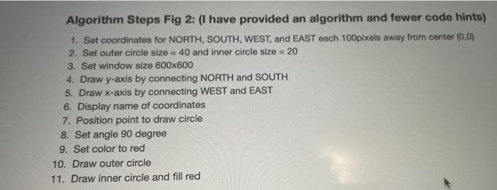 Algorithm Steps Fig 2: (I have provided an algorithm and fewer code hints)
1. Set coordinates for NORTH, SOUTH, WEST, and EAST each 100pixels away from center (0,0)
2. Set outer circle size = 40 and inner circle size = 20
3. Set window size 600x600
4. Draw y-axis by connecting NORTH and SOUTH
5. Draw x-axis by connecting WEST and EAST
6. Display name of coordinates
7. Position point to draw circle
8. Set angle 90 degree
9. Set color to red
10. Draw outer circle
11. Draw inner circle and fill red
