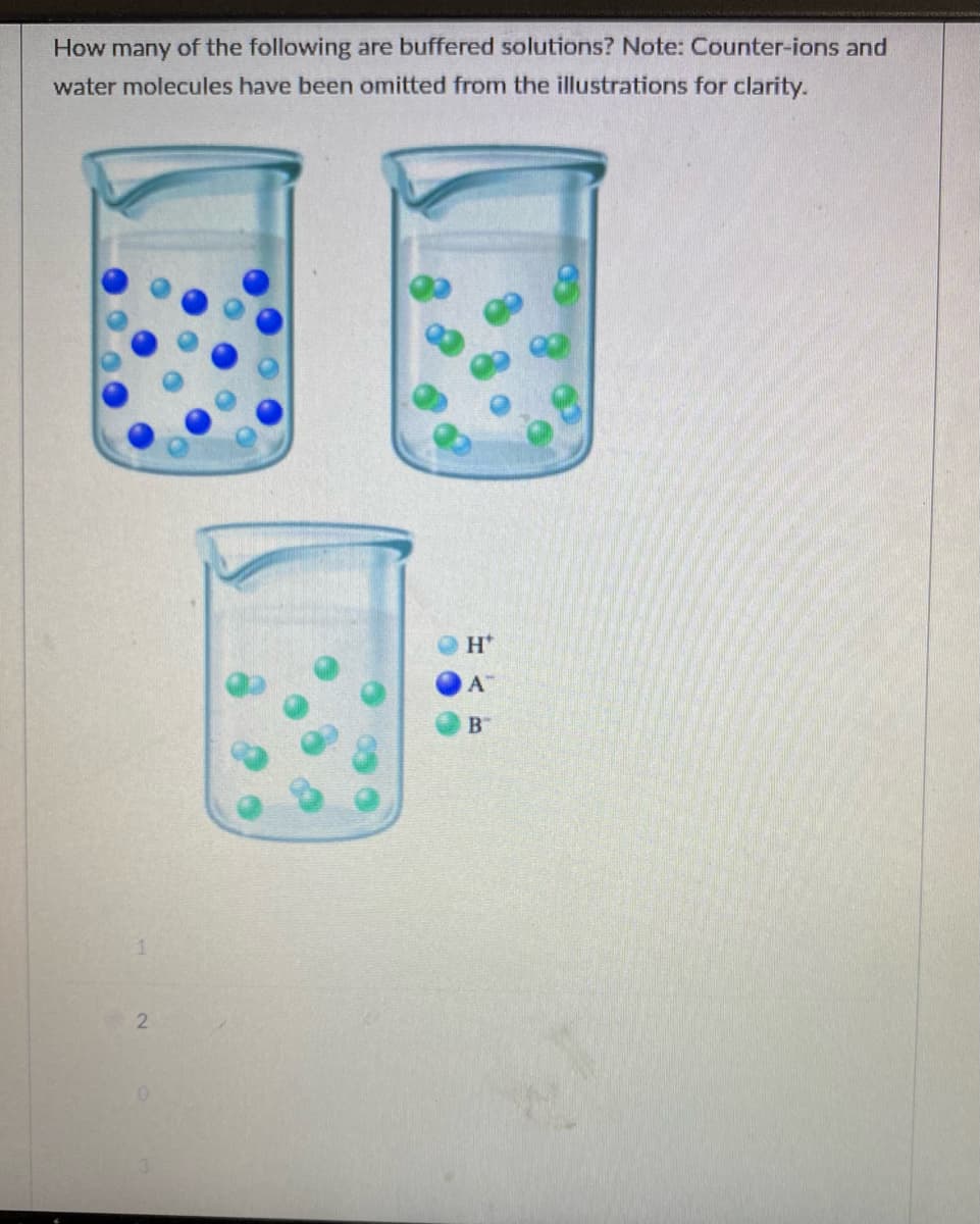 How many of the following are buffered solutions? Note: Counter-ions and
water molecules have been omitted from the illustrations for clarity.
H*
A
B
2.
