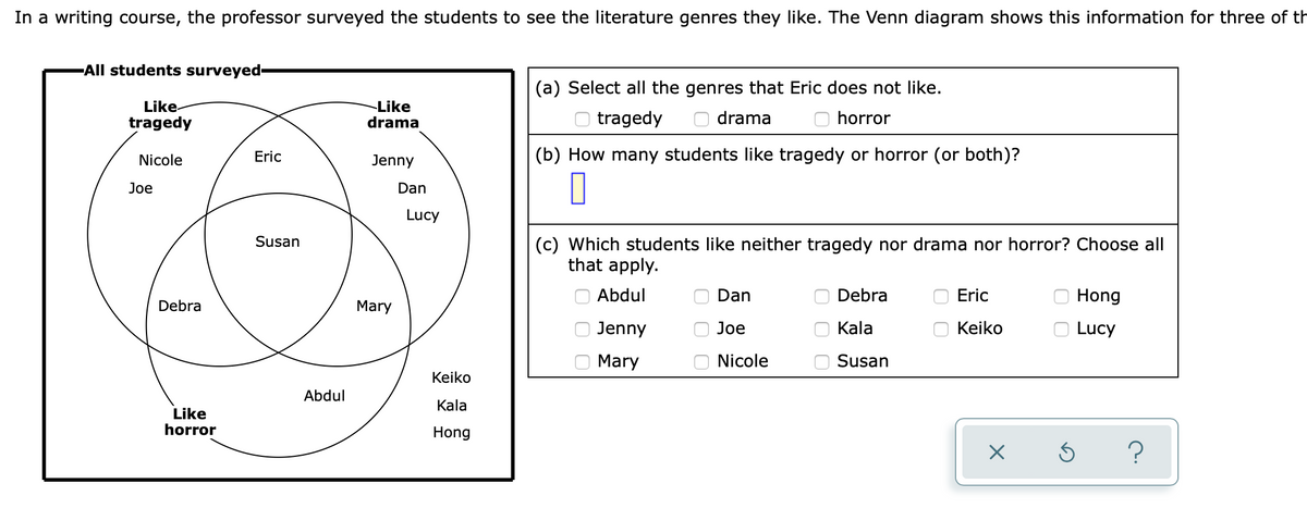 In a writing course, the professor surveyed the students to see the literature genres they like. The Venn diagram shows this information for three of th
All students surveyed-
(a) Select all the genres that Eric does not like.
Like
tragedy
Like
drama
tragedy
drama
horror
Nicole
Eric
Jenny
(b) How many students like tragedy or horror (or both)?
Joe
Dan
Lucy
(c) Which students like neither tragedy nor drama nor horror? Choose all
that apply.
Susan
Abdul
Dan
Debra
Eric
Hong
Debra
Mary
Jenny
Joe
Kala
Keiko
Lucy
Mary
Nicole
Susan
Keiko
Abdul
Kala
Like
horror
Hong
O O
O O
O O O
