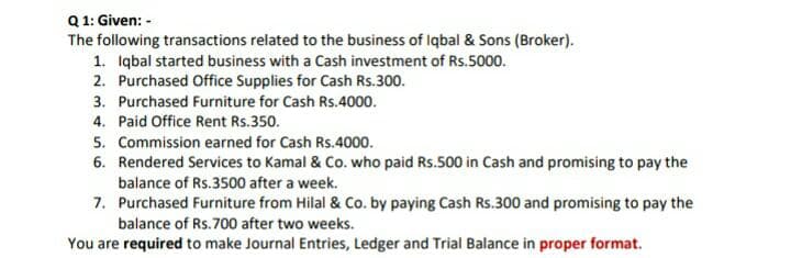 Q 1: Given: -
The following transactions related to the business of Iqbal & Sons (Broker).
1. Iqbal started business with a Cash investment of Rs.5000.
2. Purchased Office Supplies for Cash Rs.300.
3. Purchased Furniture for Cash Rs.4000.
4. Paid Office Rent Rs.350.
5. Commission earned for Cash Rs.4000.
6. Rendered Services to Kamal & Co. who paid Rs.500 in Cash and promising to pay the
balance of Rs.3500 after a week.
7. Purchased Furniture from Hilal & Co. by paying Cash Rs.300 and promising to pay the
balance of Rs.700 after two weeks.
You are required to make Journal Entries, Ledger and Trial Balance in proper format.
