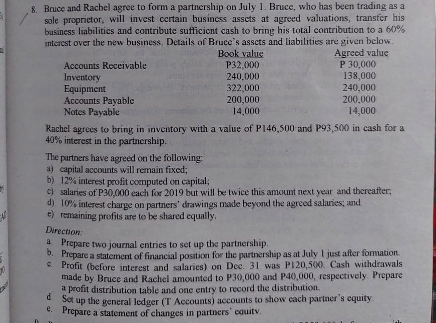 8. Bruce and Rachel agree to form a partnership on July 1. Bruce, who has been trading as a
sole proprietor, will invest certain business assets at agreed valuations, transfer his
business liabilities and contribute sufficient cash to bring his total contribution to a 60%
interest over the new business. Details of Bruce's assets and liabilities are given below.
Agreed value
P 30,000
138,000
240,000
200,000
14,000
Book value
P32,000
Accounts Receivable
Inventory
Equipment
Accounts Payable
Notes Payable
240,000
322,000
200,000
14,000
Rachel agrees to bring in inventory with a value of P146,500 and P93,500 in cash for a
40% interest in the partnership.
The partners have agreed on the following:
a) capital accounts will remain fixed;
b) 12% interest profit computed on capital;
c) salaries of P30,000 each for 2019 but will be twice this amount next year and thereafter;
d) 10% interest charge on partners' drawings made beyond the agreed salaries; and
e) remaining profits are to be shared equally.
AD
Direction:
a. Prepare two journal entries to set up the partnership.
D. Prepare a statement of financial position for the partnership as at July 1 just after formation.
C. Profit (before interest and salaries) on Dec. 31 was P120,500. Cash withdrawals
made by Bruce and Rachel amounted to P30,000 and P40,000, respectively. Prepare
a profit distribution table and one entry to record the distribution.
the
d. Set
up
general ledger (T Accounts) accounts to show each partner's equity.
Prepare a statement of changes in partners' eauitv.
