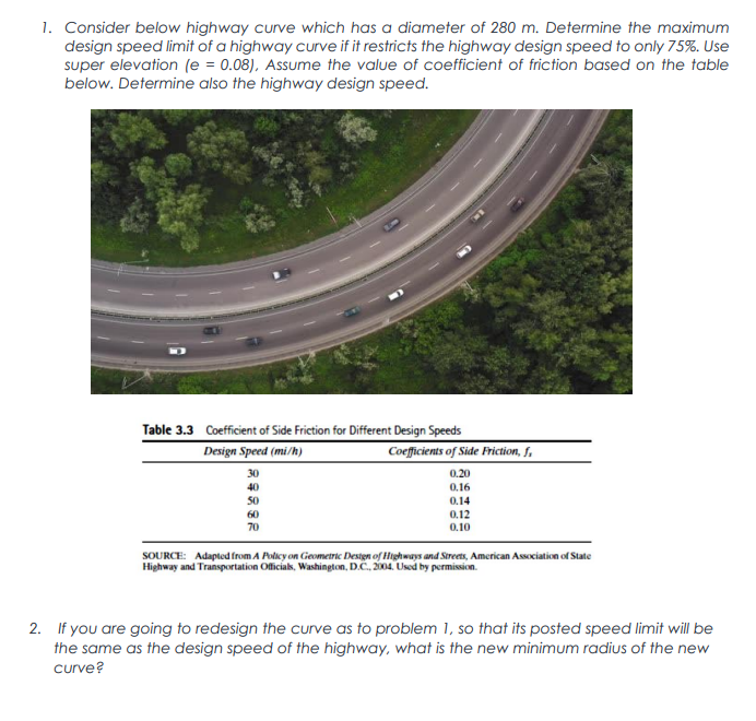 1. Consider below highway curve which has a diameter of 280 m. Determine the maximum
design speed limit of a highway curve if it restricts the highway design speed to only 75%. Use
super elevation (e = 0.08), Assume the value of coefficient of friction based on the table
below. Determine also the highway design speed.
Table 3.3 Coefficient of Side Friction for Different Design Speeds
Design Speed (mi/h)
Coeficients of Side Friction, f,
30
0.20
40
0.16
50
0.14
60
0.12
70
0.10
SOURCE: Adapted from A Policy on Geometric Destgn of Highways and Streets, American Association of State
Highway and Transportation Officias, Washington, D.C. 2004. Used by permission.
2. If you are going to redesign the curve as to problem 1, so that its posted speed limit will be
the same as the design speed of the highway, what is the new minimum radius of the new
curve?
