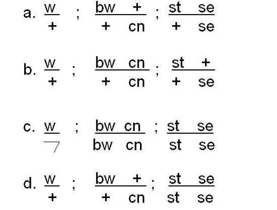 W
bw
+
st
se
а.
cn
+
se
b. W
+
bw cn
st
+
+
cn
+
se
bw cn ; st se
bw cn
C. W
st
se
bw
+
st
se
st
d. W
+
+
cn
se
+
