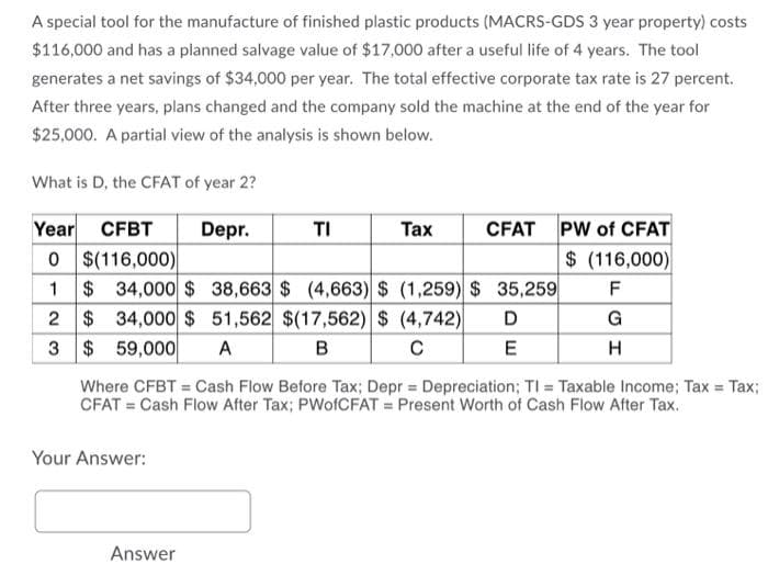 A special tool for the manufacture of finished plastic products (MACRS-GDS 3 year property) costs
$116,000 and has a planned salvage value of $17,000 after a useful life of 4 years. The tool
generates a net savings of $34,000 per year. The total effective corporate tax rate is 27 percent.
After three years, plans changed and the company sold the machine at the end of the year for
$25,000. A partial view of the analysis is shown below.
What is D, the CFAT of year 2?
Year
CFBT
Depr.
TI
Таx
CFAT
PW of CFAT
0 $(116,000)
$34,000 $ 38,663 $ (4,663) $ (1,259) $ 35,259
$ 34,000 $ 51,562 $(17,562) $ (4,742)
3 $ 59,000
$ (116,000)
1
F
D
G
A
B
C
H
Where CFBT = Cash Flow Before Tax; Depr = Depreciation; TI Taxable Income; Tax Tax;
CFAT = Cash Flow After Tax; PWofCFAT = Present Worth of Cash Flow After Tax.
Your Answer:
Answer
