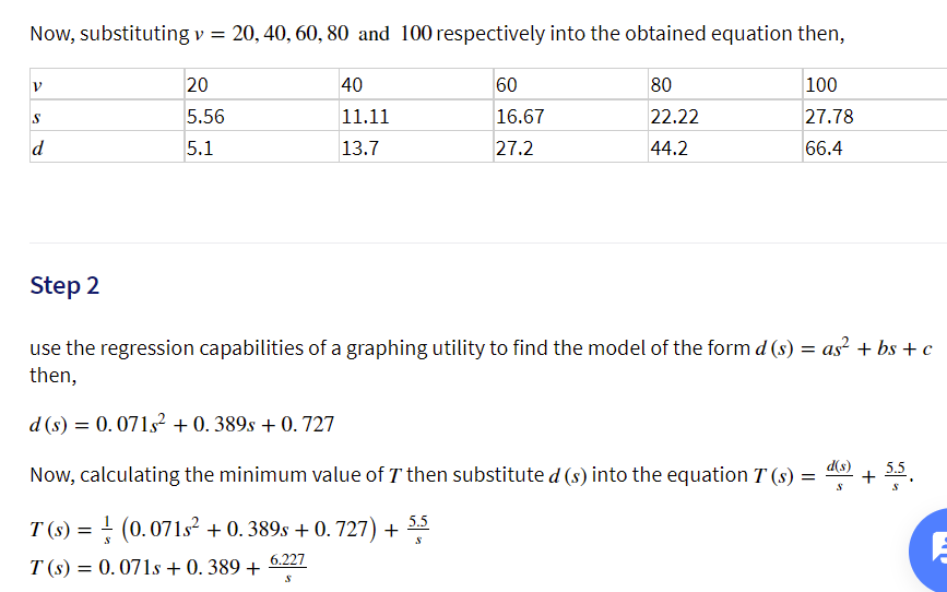 Now, substituting v = 20, 40, 60, 80 and 100 respectively into the obtained equation then,
20
40
60
80
100
S
5.56
11.11
16.67
22.22
27.78
d
5.1
13.7
27.2
44.2
66.4
Step 2
use the regression capabilities of a graphing utility to find the model of the form d (s) = as? + bs + c
then,
d (s) = 0.071s² + 0. 389s + 0. 727
d(s)
Now, calculating the minimum value of T then substitute d (s) into the equation T (s) =
+ 55
T (s) = (0.071s2² + 0. 389s + 0. 727) + 3
5.5
T (s) = 0.071s + 0. 389 + 6.227
