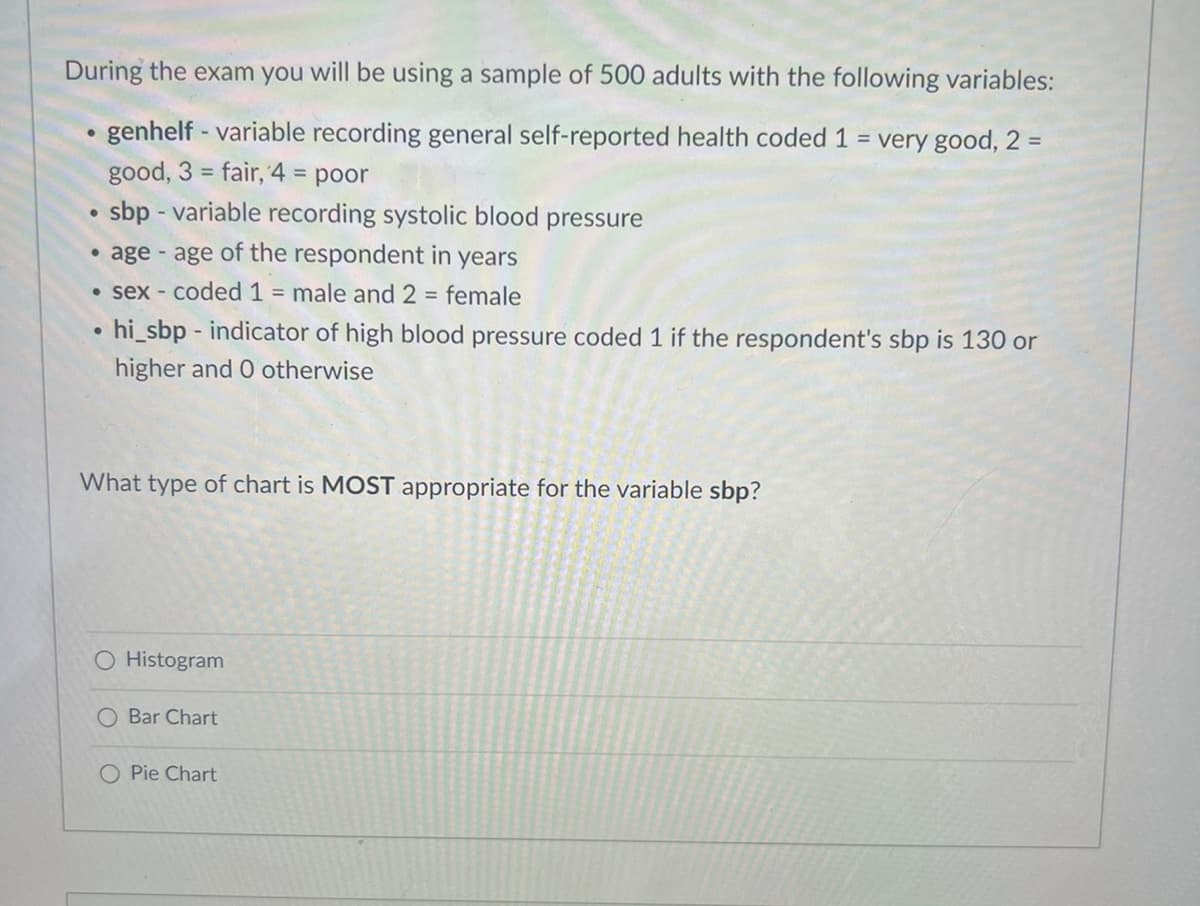 During the exam you will be using a sample of 500 adults with the following variables:
●
genhelf - variable recording general self-reported health coded 1 = very good, 2 =
good, 3 = fair, 4 = poor
●
sbp-variable recording systolic blood pressure
•age - age of the respondent in years
• sex-coded 1 = male and 2 = female
●
hi_sbp - indicator of high blood pressure coded 1 if the respondent's sbp is 130 or
higher and 0 otherwise
What type of chart is MOST appropriate for the variable sbp?
Histogram
Bar Chart
O Pie Chart