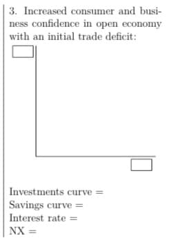 3. Increased consumer and busi-
ness confidence in open economy
with an initial trade deficit:
Investments curve =
Savings curve =
Interest rate =
NX =