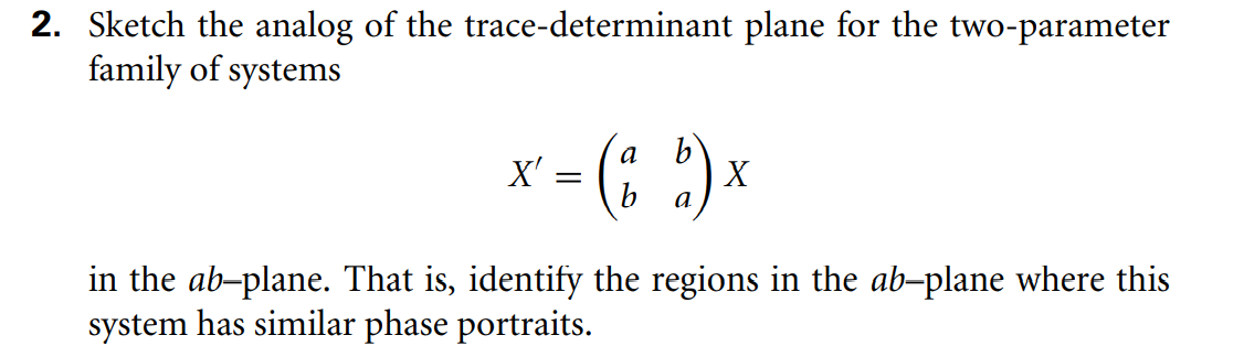 2. Sketch the analog of the trace-determinant plane for the two-parameter
family of systems
X' =
b
x - (; )*
a
in the ab-plane. That is, identify the regions in the ab-plane where this
system has similar phase portraits.
