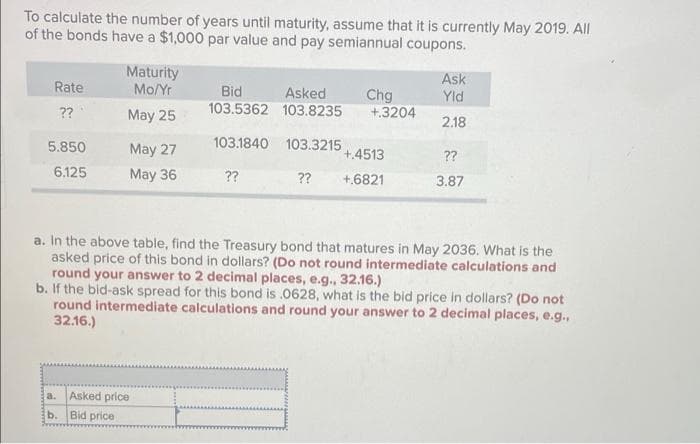 To calculate the number of years until maturity, assume that it is currently May 2019. All
of the bonds have a $1,000 par value and pay semiannual coupons.
Maturity
Mo/Yr
Ask
Yld
Rate
Asked
103.5362 103.8235
Bid
Chg
+.3204
??
May 25
2.18
5.850
May 27
103.1840 103.3215
+.4513
??
6.125
May 36
??
??
+.6821
3.87
a. In the above table, find the Treasury bond that matures in May 2036. What is the
asked price of this bond in dollars? (Do not round intermediate calculations and
round your answer to 2 decimal places, e.g., 32.16.)
b. If the bid-ask spread for this bond is .0628, what is the bid price in dollars? (Do not
round intermediate calculations and round your answer to 2 decimal places, e.g.,
32.16.)
a.
Asked price
b. Bid price
