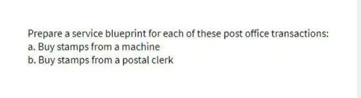 Prepare a service blueprint for each of these post office transactions:
a. Buy stamps from a machine
b. Buy stamps from a postal clerk

