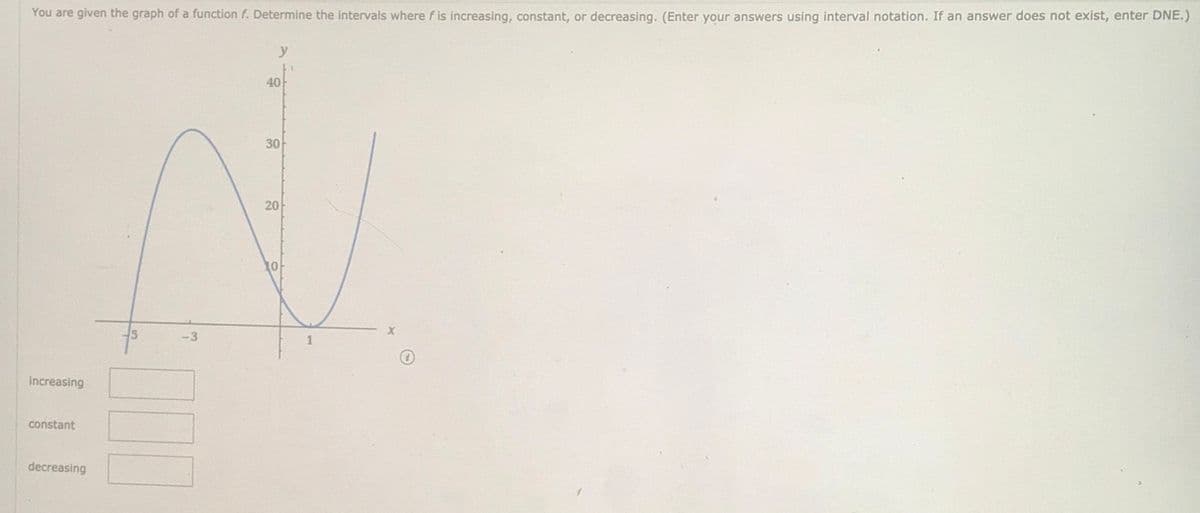 You are given the graph of a function f. Determine the intervals where f is increasing, constant, or decreasing. (Enter your answers using interval notation. If an answer does not exist, enter DNE.)
y
40
30
20
10
-3
increasing
constant
decreasing
