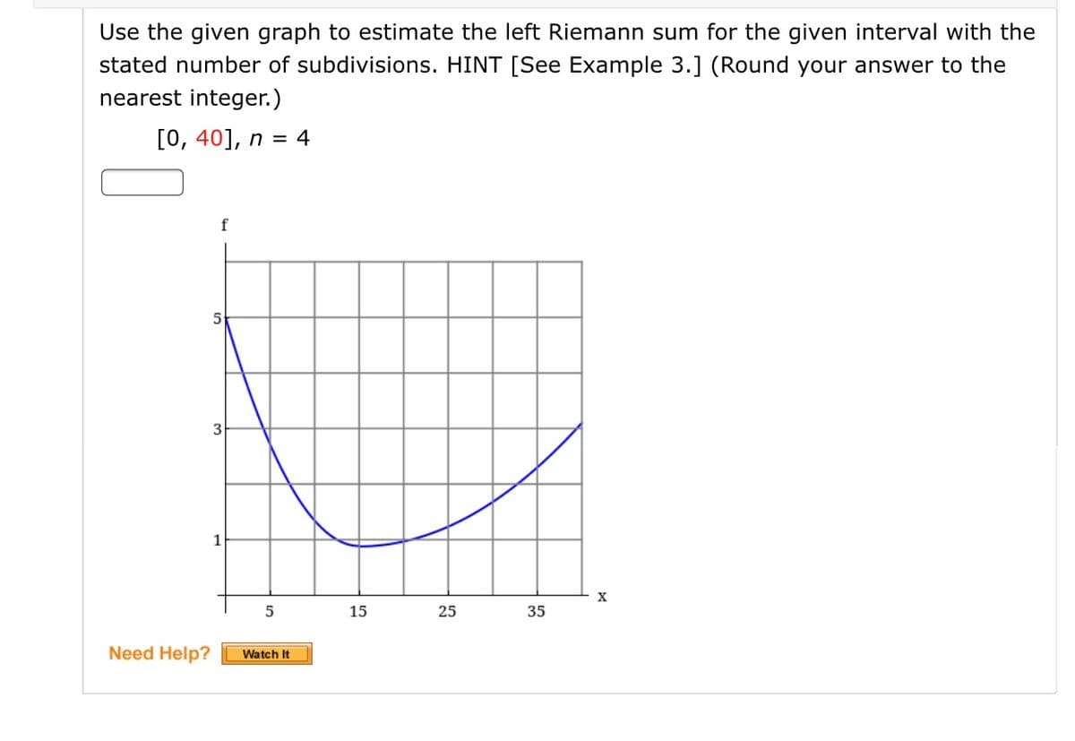 Use the given graph to estimate the left Riemann sum for the given interval with the
stated number of subdivisions. HINT [See Example 3.] (Round your answer to the
nearest integer.)
[0, 40], n = 4
f
3
1
5
15
25
35
Need Help?
Watch It

