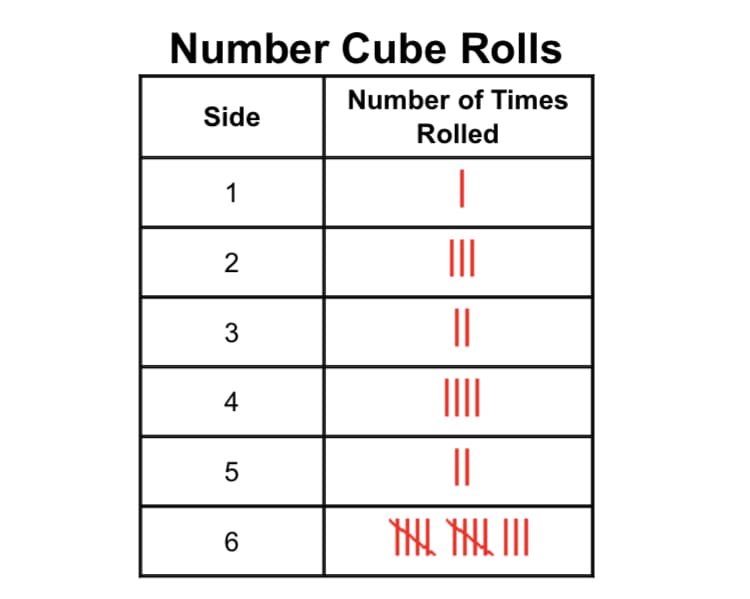 Number Cube Rolls
Number of Times
Side
Rolled
|
1
II
3
||
4
||
6
