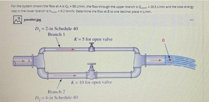 For the system shown the flow at A is Q = 88 L/min, the flow through the upper branch is Qe = 20,5 L/min and the total energy
loss in the lower branch is hower = 9.2 Nm/N. Determine the flow at B to one decimal place in L/min.
parallel.jpg
...
= 2-in Schedule 40
Branch 1
K = 5 for open valve
K= 10 for open valve
Branch 2
D, = 4-in Schedule 40
