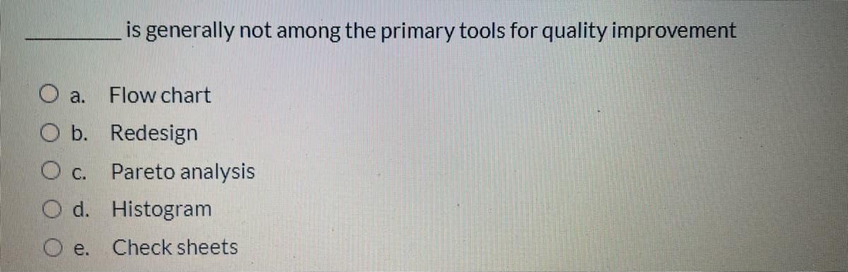 is generally not among the primary tools for quality improvement
O a.
Flow chart
O b. Redesign
Pareto analysis
O d. Histogram
O e.
Check sheets
