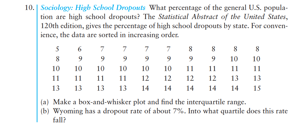 10.| Sociology: High School Dropouts What percentage of the general U.S. popula-
tion are high school dropouts? The Statistical Abstract of the United States,
120th edition, gives the percentage of high school dropouts by state. For conven-
ience, the data are sorted in increasing order.
9.
9.
9.
9.
9.
10
10
10
10
10
10
10
10
11
11
11
11
11
11
11
11
12
12
12
12
13
13
13
13
13
13
14
14
14
14
14
15
(a) Make a box-and-whisker plot and find the interquartile range.
(b) Wyoming has a dropout rate of about 7%. Into what quartile does this rate
fall?
