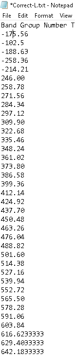 *Correct-L.txt - Notepad
File
Edit Format View
Band Group Number T
- 175.56
- 102.5
- 188.63
- 258.36
-214.21
246.00
258.78
271.56
284.34
297.12
309.90
322.68
335.46
348.24
361.02
373.80
386.58
399.36
412.14
424.92
437.70
450.48
463.26
476.04
488.82
501.60
514.38
527.16
539.94
552.72
565.50
578.28
591.06
603.84
616.6233333
629.4033333
642.1833333
