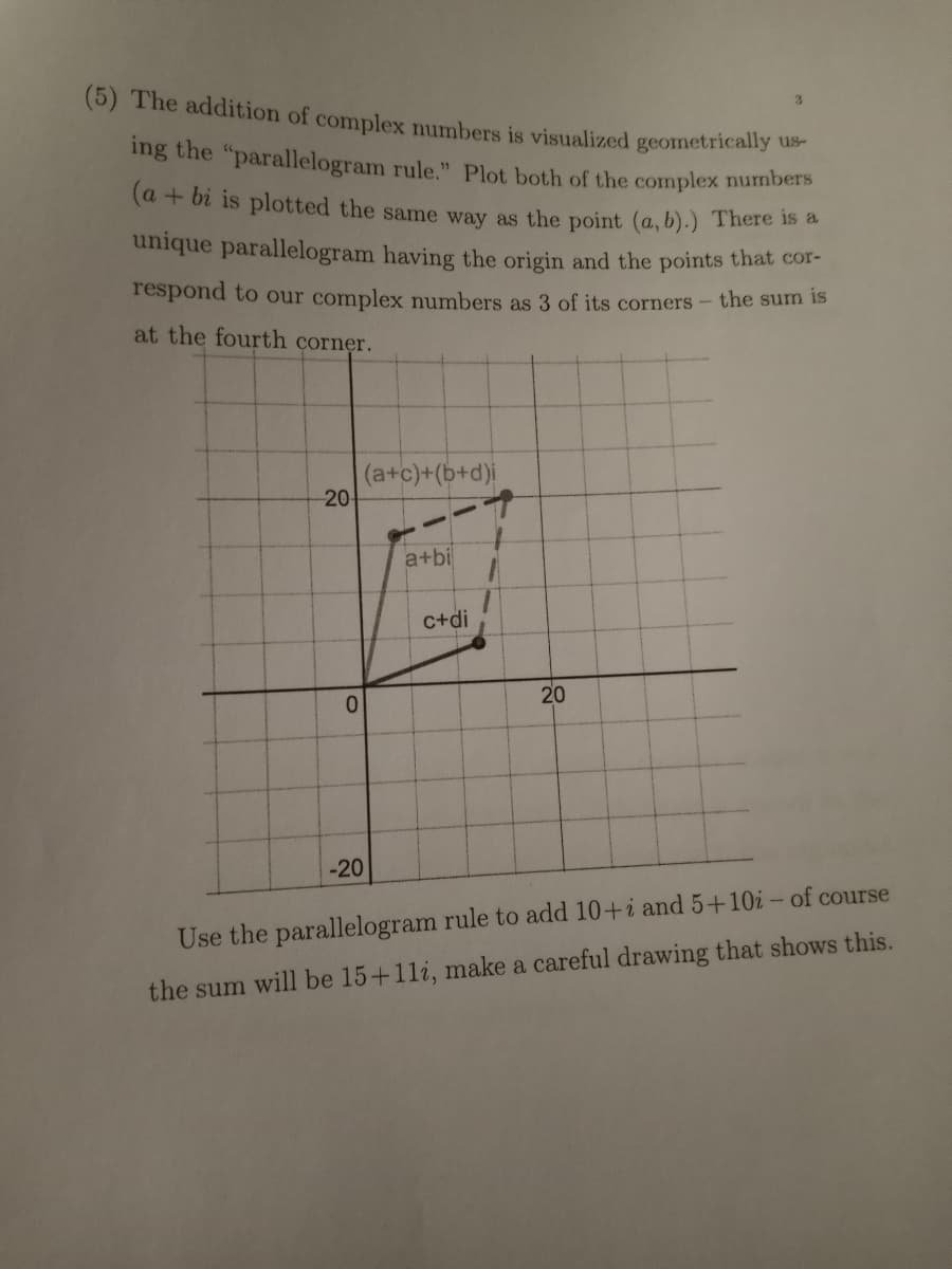 ing the "parallelogram rule." Plot both of the complex numbers
(5) The addition of complex numbers is visualized geometrically us
3.
(a + bi is plotted the same way as the point (a, b).) There is a
unique parallelogram having the origin and the points that cOr-
respond to our complex numbers as 3 of its corners - the sum is
at the fourth corner.
(a+c)+(b+d)i
20
a+bi
C+di
20
-20
Use the parallelogram rule to add 10+i and 5+10i - of course
the sum will be 15+11i, make a careful drawing that shows this.
