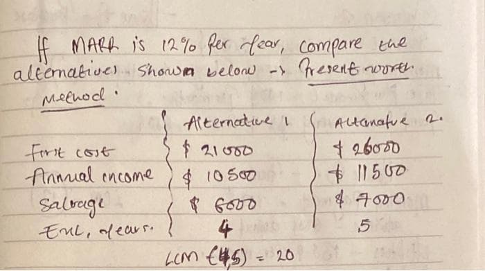 If MARK is 12% for fear, compare the
alternatives shown below -> Present worth
Method.
Alternative I
Altanatue 2.
$21000
26000
$10.500
$11500
6000
$ 7000
4
5
LCM (45) = 2061
first cost
Annual income
Salvage
EML, dears.