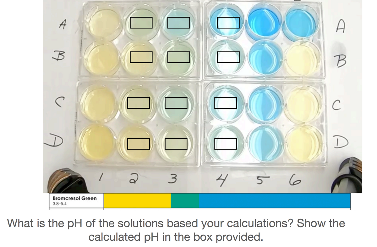 A
A
D
3.
4 5 6
Bromcresol Green
3.8-5.4
What is the pH of the solutions based your calculations? Show the
calculated pH in the box provided.

