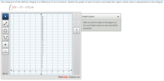 The integrand of the definite integral is a difference of two functions. Sketch the graph of each function and shade the region whose area is represented by the integral.
L162 - 2) - (2) dr
Graph Layers
Ater you add an object to the graph you
can use Graph Layers to view and edit its
properties
No
elvtien
WebAssign. Graphing Tool
