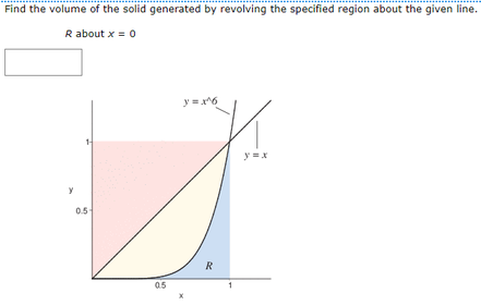 Find the volume of the solid generated by revolving the specified region about the given line.
R about x = 0
y =6
1-
y =x
0.5
R
0.
