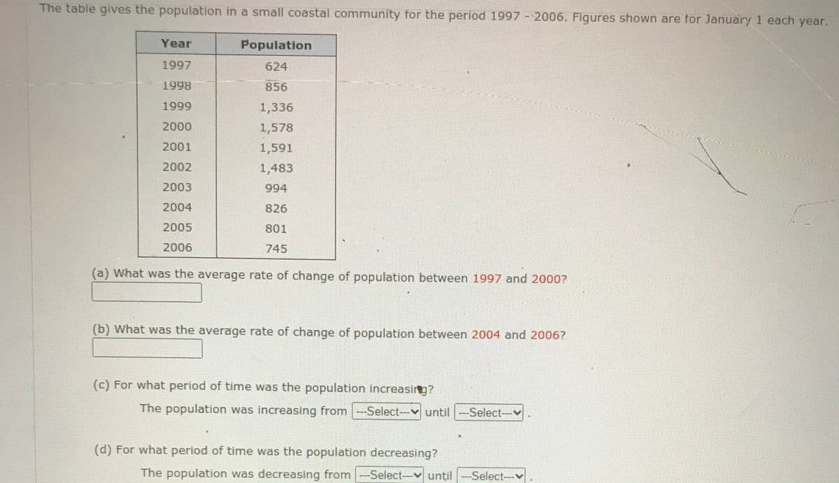 The table gives the population in a small coastal community tor the period 1997 -2006. Figures shown are for January 1 each year.
Year
Population
1997
624
1998
856
1999
1,336
2000
1,578
2001
1,591
2002
1,483
2003
994
2004
826
2005
801
2006
745
(a) What was the average rate of change of population between 1997 and 20007
(b) What was the average rate of change of population between 2004 and 2006?
(c) For what period of time was the population increasing?
The population was increasing from -Select-v until -Select-v
(d) For what period of time was the population decreasing?
The population was decreasing from -Select-v until-Select-v
