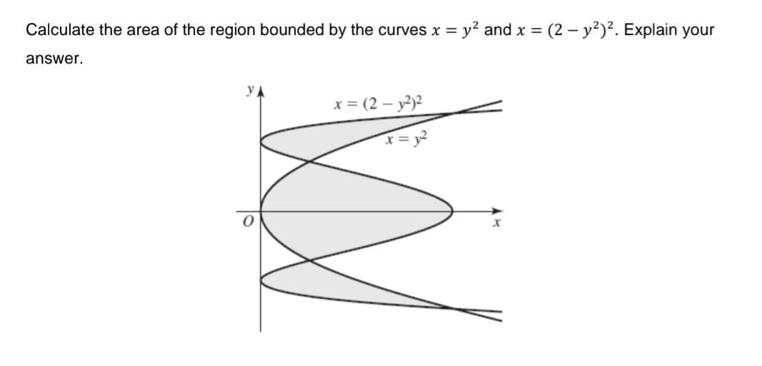 Calculate the area of the region bounded by the curves x =
y? and x = (2 – y²)². Explain your
answer.
x = (2 – y2)2
T= y?
