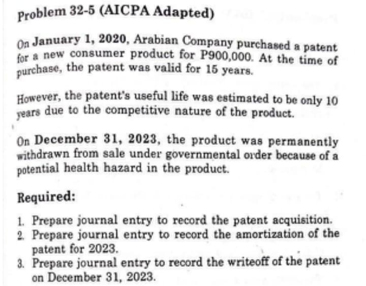 Problem 32-5 (AICPA Adapted)
purchase, the patent was valid for 15 years.
On January 1, 2020, Arabian Company purchased a patent
for a new consumer product for P900,000. At the time of
However, the patent's useful life was estimated to be only 10
rears due to the competitive nature of the product.
On December 31, 2023, the product was permanently
withdrawn from sale under governmental order because of a
potential health hazard in the product.
Required:
1. Prepare journal entry to record the patent acquisition.
2. Prepare journal entry to record the amortization of the
patent for 2023.
3. Prepare journal entry to record the writeoff of the patent
on December 31, 2023.

