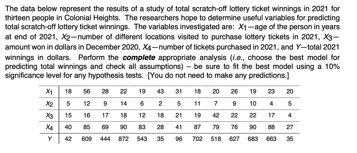 The data below represent the results of a study of total scratch-off lottery ticket winnings in 2021 for
thirteen people in Colonial Heights. The researchers hope to determine useful variables for predicting
total scratch-off lottery ticket winnings. The variables investigated are: X₁-age of the person in years
at end of 2021, X2-number of different locations visited to purchase lottery tickets in 2021, X3-
amount won in dollars in December 2020, X4-number of tickets purchased in 2021, and Y-total 2021
winnings in dollars. Perform the complete appropriate analysis (i.e., choose the best model for
predicting total winnings and check all assumptions) - be sure to fit the best model using a 10%
significance level for any hypothesis tests. [You do not need to make any predictions.]
X1 18 56
28 22 19 43 31 18 20 26
12
9 14
6
2
5
11
7
16
17
18
12
18
21
19
42 22
85 69 90
83 28
41
87
79
76
609 444
35
96 702 518
627
X2 5
15
X4 40
* * * >
X3
Y 42
872 543
19
23
9 10 4
22
17
90
88
683
663
20
5
4
27
35