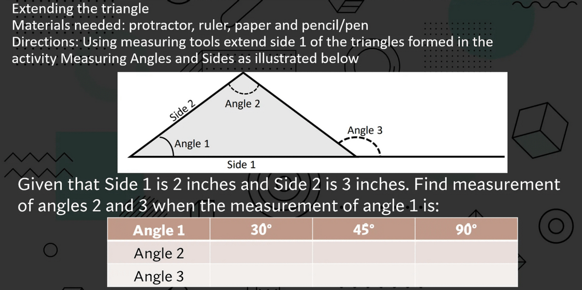 Extending the triangle
Materials needed: protractor, ruler, paper and pencil/pen
Directions: Using measuring tools extend side 1 of the triangles formed in the
activity Measuring Angles and Sides as illustrated below
Angle 2
Side 2
Angle 3
Angle 1
Side 1
Given that Side 1 is 2 inches and Side 2 is 3 inches. Find measurement
of angles 2 and 3 when the measurement of angle 1 is:
Angle 1
30°
45°
90°
Angle 2
Angle 3
