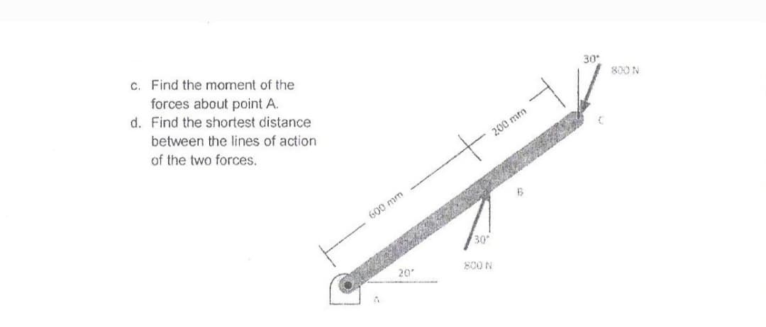 c. Find the moment of the
forces about point A.
d. Find the shortest distance
30
800 N
between the lines of action
of the two forces.
200 mm
600 mm
30
20
S00 N
