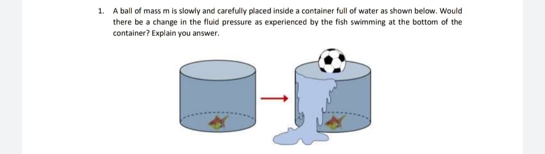 1.
A ball of mass m is slowly and carefully placed inside a container full of water as shown below. Would
there be a change in the fluid pressure as experienced by the fish swimming at the bottom of the
container? Explain you answer.