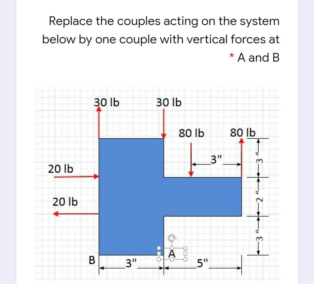Replace the couples acting on the system
below by one couple with vertical forces at
*
A and B
30 lb
30 lb
80 lb
80 lb
3".
20 lb
20 lb
В
3"
5"
