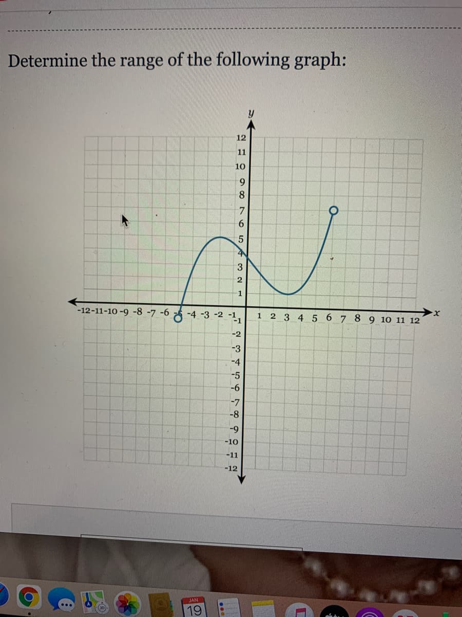 Determine the range of the following graph:
12
11
10
6.
8.
7
6.
2
1
-12-11-10 -9-8 -7 -6
6-4 -3 -2 -1,
2 3 4 5 6 7 8 9 10 11 12
1.
-2
-3
-4
-5
-6
-7
-8
-9
-10
-11
-12
KYAN
