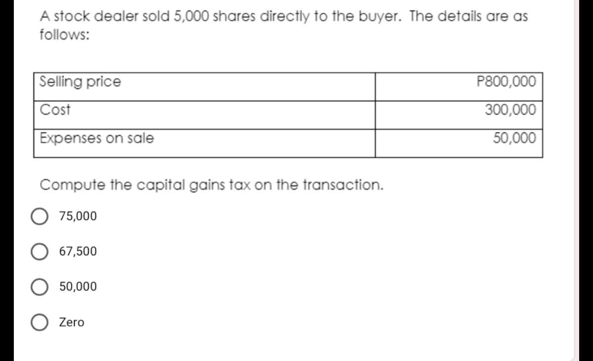 A stock dealer sold 5,000 shares directly to the buyer. The details are as
follows:
| Selling price
P800,000
Cost
300,000
Expenses on sale
50,000
Compute the capital gains tax on the transaction.
75,000
67,500
50,000
Zero
