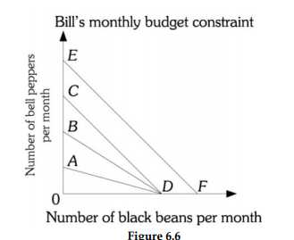 Bill's monthly budget constraint
E
C
B
D_F_
Number of black beans per month
Figure 6.6
Number of bell peppers
per month
